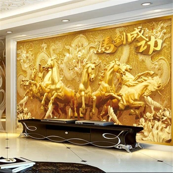 Užsakymą tapetai, 3d stereo foto freskos aštuoni arkliai vyrų vėjo aukso paramos viešbutis TV foną, sienos popieriaus namų dekoro 3d tapetai