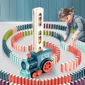 Vaikai Elektros Domino Traukinio Automobilio Rinkinys Su Garso ir Šviesos Mechaninė, Kuriuo Domino Blokų Žaidimas 
