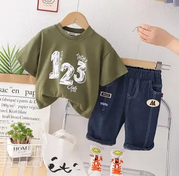 Vaikų Vasaros Kostiumu Dizaineris Kūdikių Berniukų Drabužiai laiškas išspausdintas O-kaklo prarasti trumpomis rankovėmis T-shirt džinsinio šortai Vaikams Tracksuit