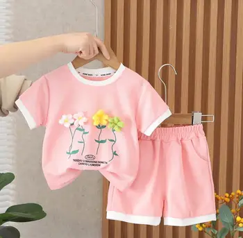 Vasaros Baby Girl Komplektus Dizaineris Vaikams drabužių Mielas gėlių O-kaklo trumpomis rankovėmis, marškinėliai ir šortai 2vnt mergaičių sportiniai kostiumai drabužiai