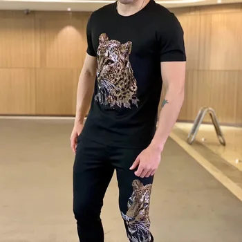 Vasaros Prabangūs vyriški Sportiniai High-End Meistriškumo 3D Leopard Print T-Marškinėliai + Kelnės Bėgiojimas Asmenybės Savęs Auginimo