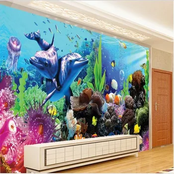 wellyu Užsakymą didelio masto freskomis povandeninį pasaulį akvariumo 3D stereo tropinių žuvų TV foną, neaustinių ekrano užsklanda
