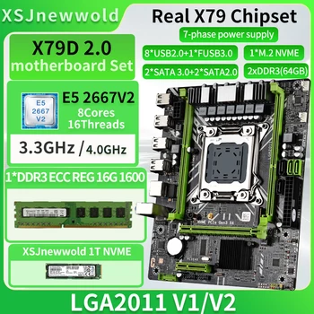 X79D2.0 Plokštė Rinkinys su E5 2667V2 Procesorių Ir DDR3 REG 1*16G=16GB Atminties Ir 1T NVME SSD LGA2011 M. 2 SATA3.0 Xeon Rinkinys
