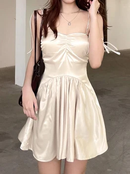 Y2K Smėlio spalvos Satino Fairycore Linijos Slydimo Suknelės Moterims 2023 korėjos Mados Rankovių Shirring Vasaros Atostogų Mini Suknelė Nauja
