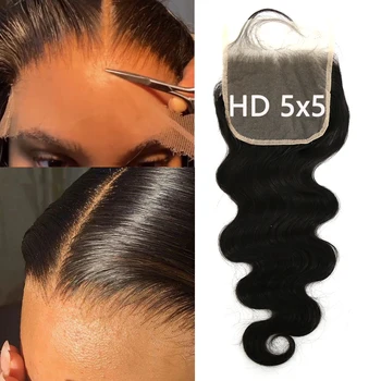 Zigzago Plaukų 5x5 HD Nėrinių Uždarymo Kūno Banga Brazilijos Mergelių Žmogaus Plaukų Prieš Nupeštos Gamtos Valsčiaus su Kūdikio Plaukų