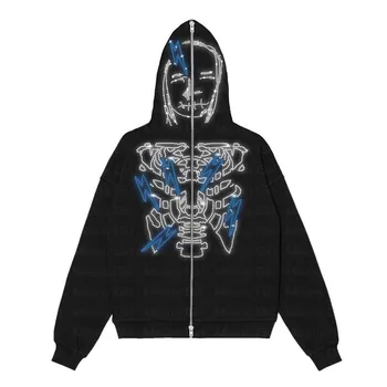 Zip Hoodie Vyrų Goth cirkonio Skeletas grafika ilgomis Rankovėmis Palaidinukė Negabaritinių Viršuje Y2K drabužius Hoodie Mados Hoodie Džemperis