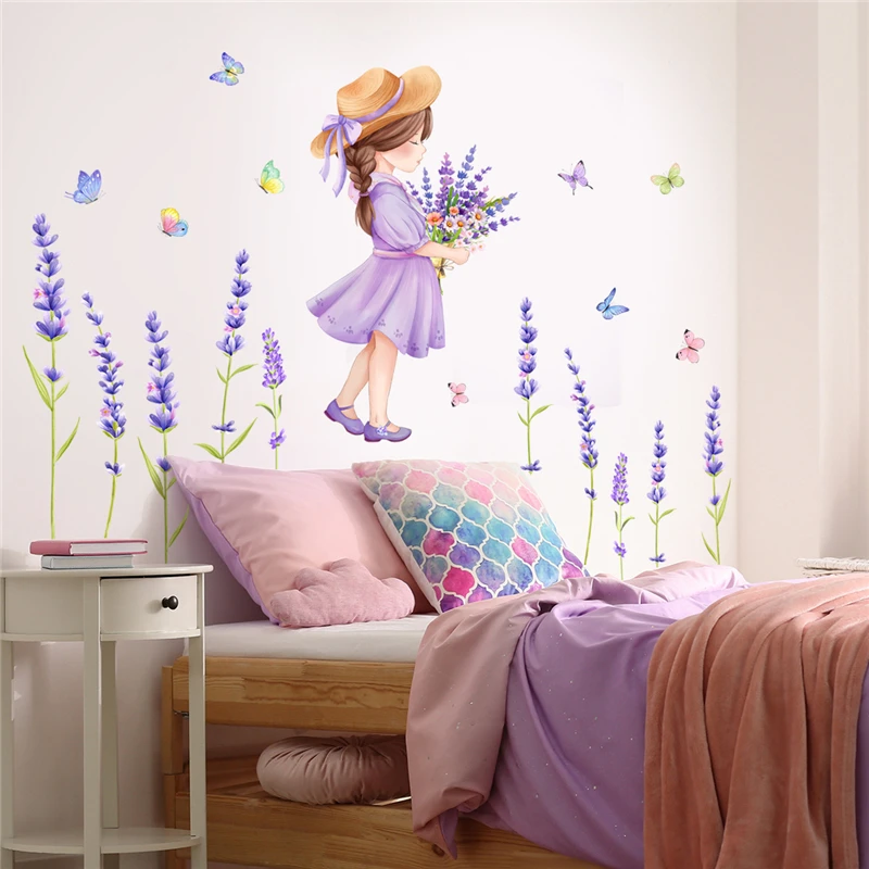 Animacinių filmų Violetinė Mergaitė Gėlės Drugelis Sienų Lipdukai Vaikams Kambariai Kūdikių, Mergaičių Kambario Apdaila Vinilo Gyvenimo Kambario, Miegamasis Lipdukai
