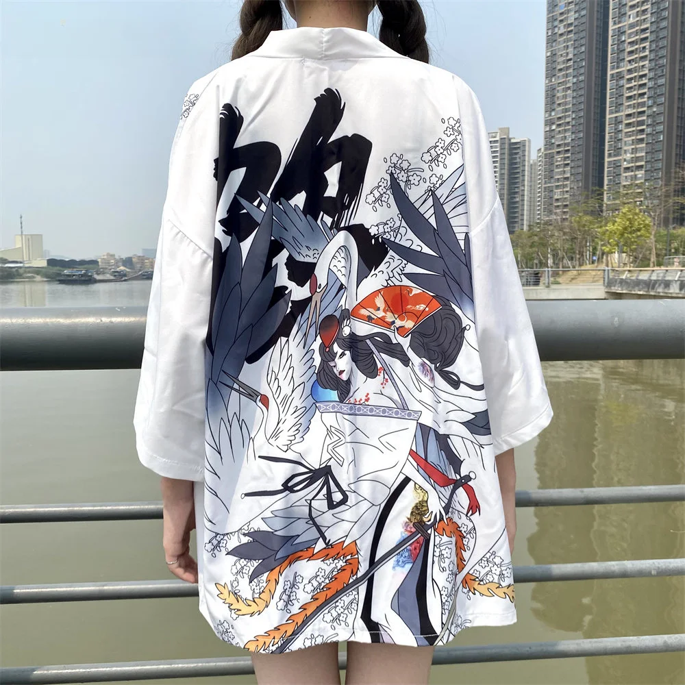 Anime Krano Spausdinti Cosplay Japonų Kimono Megztinis Kailis Paplūdimio Viršūnes Moterų Drabužiai Marškinėliai Samurajus Yukata Haori Obi Diržas