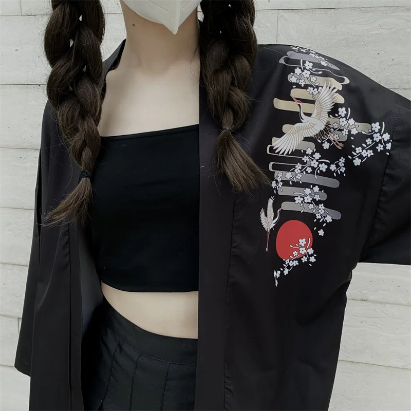 Anime Krano Spausdinti Cosplay Japonų Kimono Megztinis Kailis Paplūdimio Viršūnes Moterų Drabužiai Marškinėliai Samurajus Yukata Haori Obi Diržas