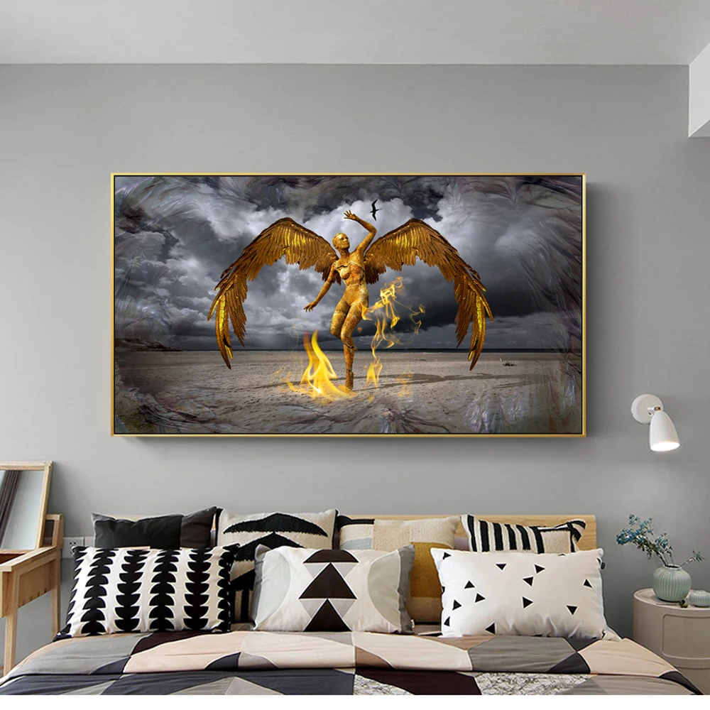 Aukso Spalvos Angelas Sienos Plakatas Modernaus Sparno Drobė Art Prints Abstrakčiai Angelas Su Ugnimi Cuadros Nuotraukos Kambarį Sienų Dekoras