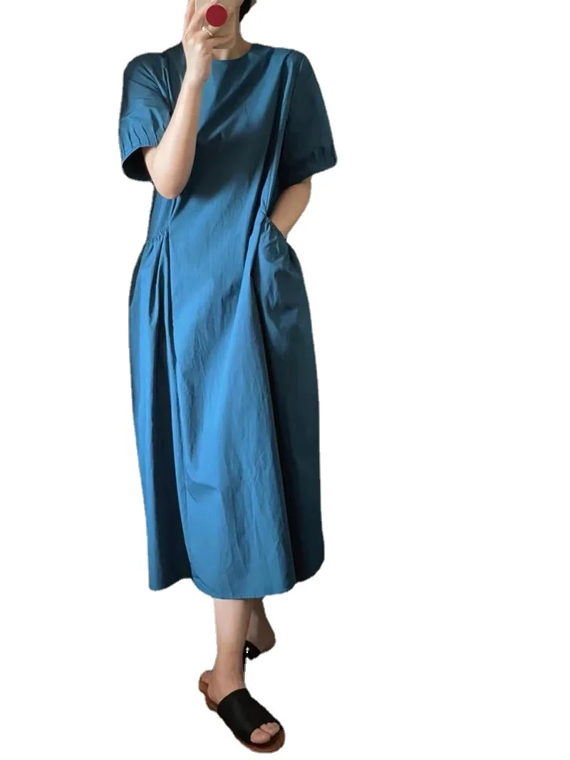 Aukštos klasės 2023 Naujas Mėlyna Maxi Suknelės Moterims Atsitiktinis Palaidų O Kaklo trumpomis Rankovėmis Ilga Suknelė