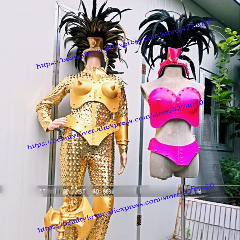 Baras Seksualus baras ds dainininkas gogo plunksnų kostiumas šarvai rožinė aukso liuminescencinės šimtai didelė šalis cockscomb kostiumas