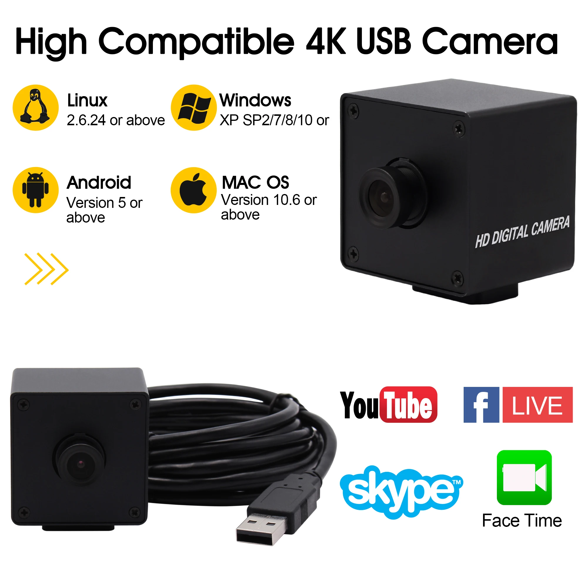 Be Iškraipymų 4K USB Kamera 3840x2160 Mjpeg 30 kadrų per sekundę Didelės Spartos Nemokama Vairuotojo Mini USB Kamera, Web Cam Live Vaizdo konferencijos, vaizdo kamera 4k