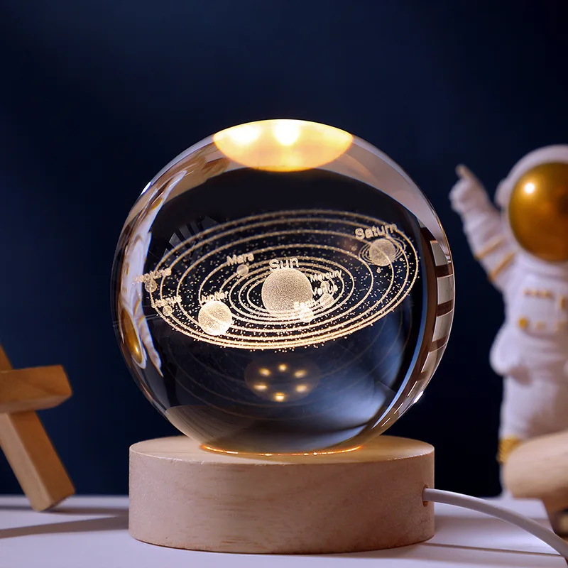Crystal Ball 3D Stiklo Papuošalai Saulės Sistemoje, Mėnulio Šviesos Mediniais Namų Puošybai Kalėdų Dovana Naktį Šviesos Krištolo Šviesa