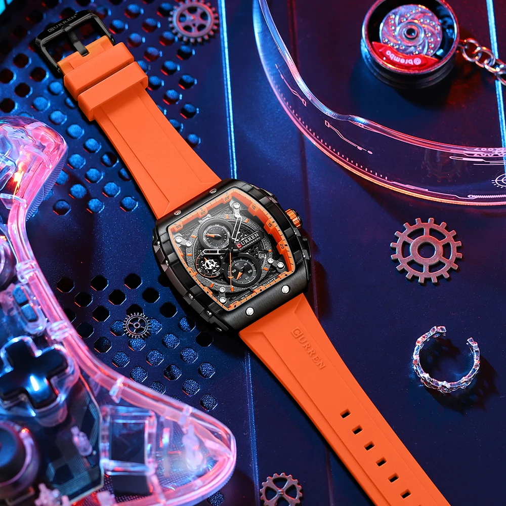 CURREN Chronograph Kvarcas Žiūrėti Vyrams Bagažinės Dial Karinės Sporto Laikrodis su Apelsinų Silikono Dirželis Auto Data