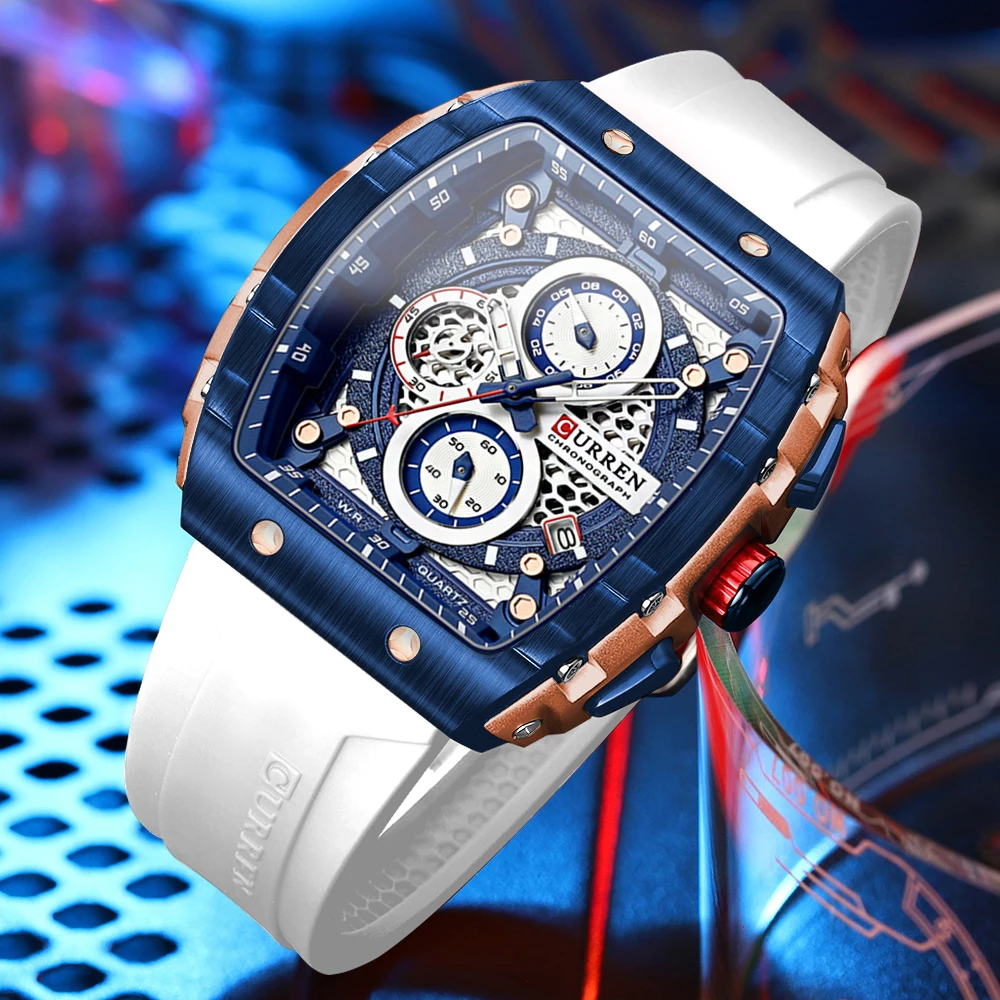 CURREN Chronograph Kvarcas Žiūrėti Vyrams Bagažinės Dial Karinės Sporto Laikrodis su Apelsinų Silikono Dirželis Auto Data
