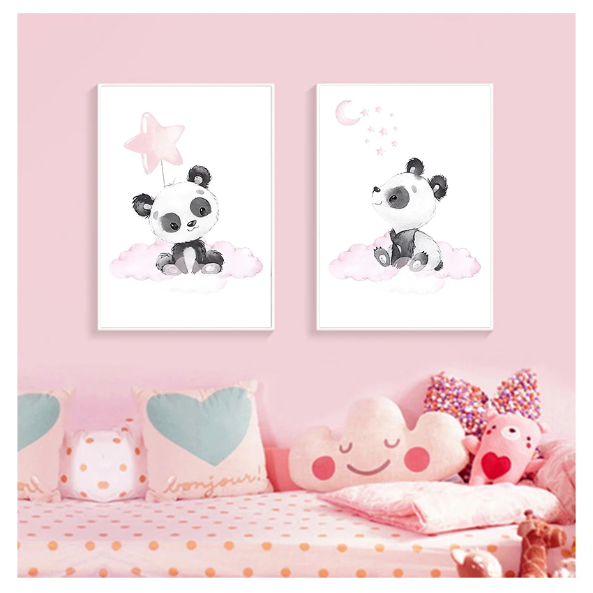 Drobė Spausdinti Pink Cartoon Panda Mėnulis Tapybos Šiaurės Vaikas Apdailos Nuotrauką Baby Girl Kambario Dekoro Vaikas Plakatas Vaikų Darželio Sienos Menas