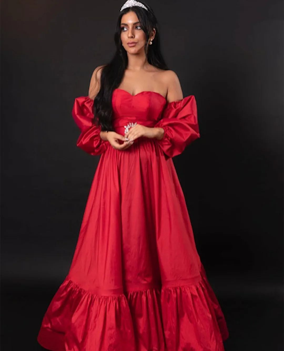 Elegantiškas Ilgas Brangioji Taftos Raudona Vakaro Suknelės Su Diržu-Line Musulmonų Plisuotos Grindų Ilgis Prom Oficialų Suknelė Moterims