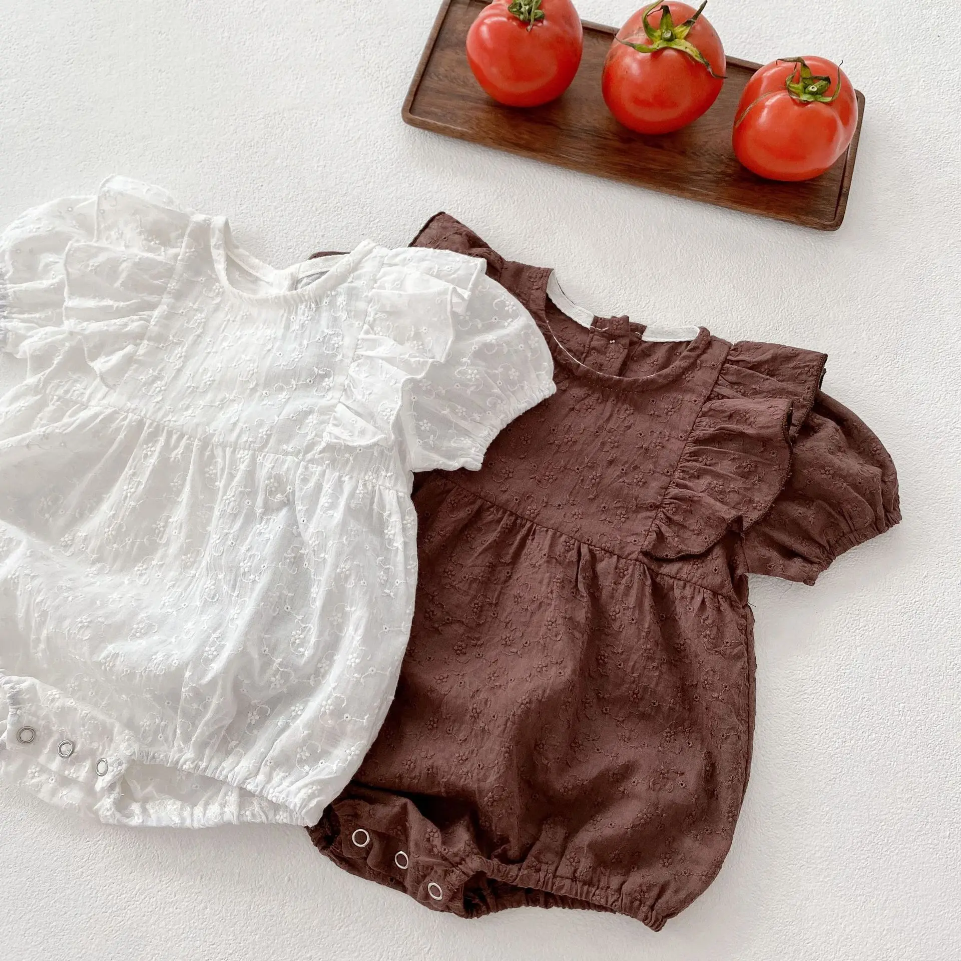 kūdikių vasaros romper Senovės stiliaus kūdikių mergaitės baltos, rudos vasaros gazas trumpas rankovės ritė sagtis mergina kūdikio krepšys bezdalius