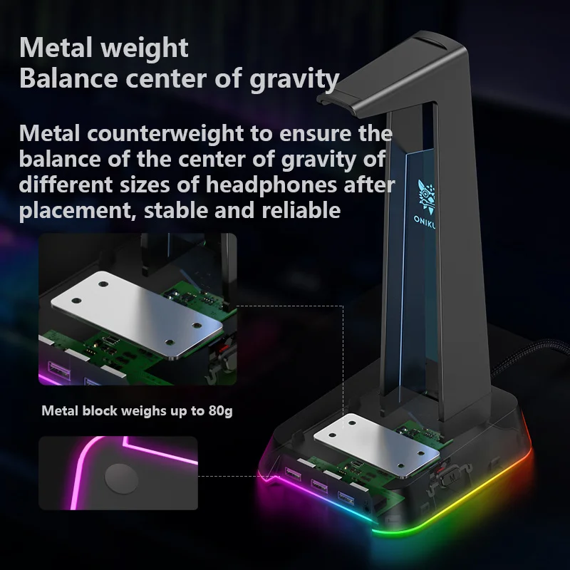 ONIKUMA Darbalaukio Rausvos spalvos, RGB Šviesos Ausinių Laikiklis 3 USB 2.0 Prievadai palaiko Duomenų Perdavimo Ir 3,5 mm Ausinių Garso Išvestis