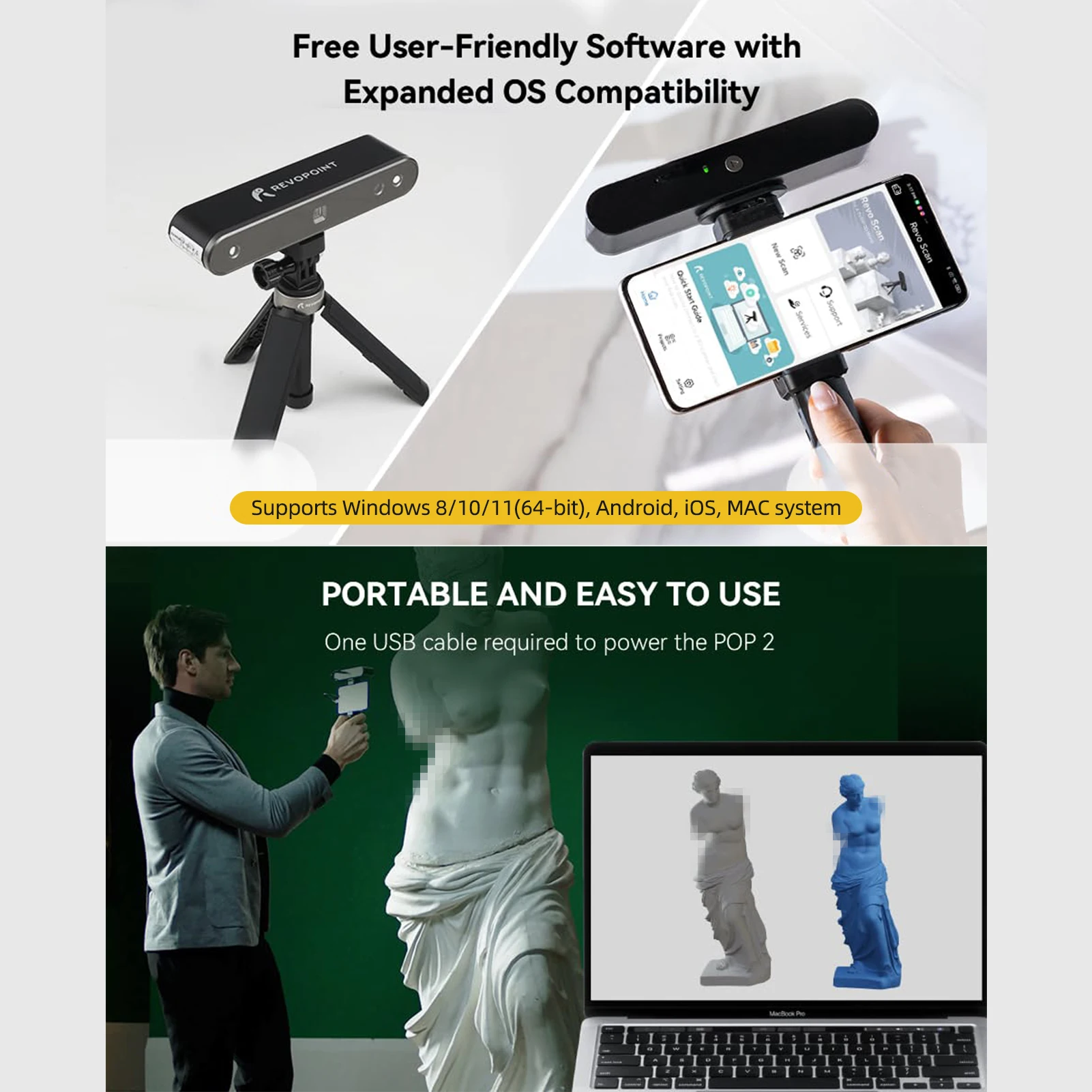Revopoint POP 2 Portable 3D Skeneris 0,05 mm Tikslumu Delniniai ir Darbalaukio Scaning Suderinamas su Windows/Mac/iOS/Android