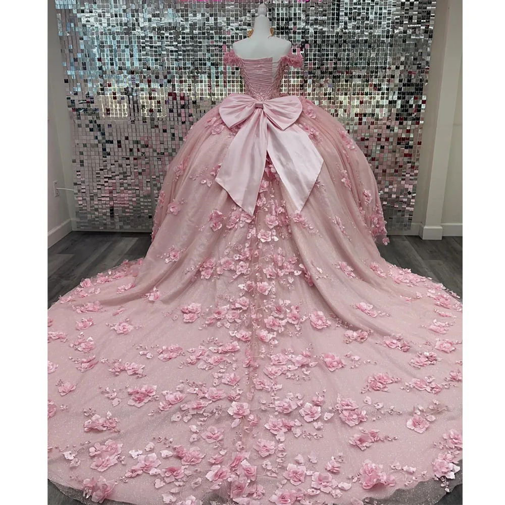 Rožinė Duobute Crystal Bow Princesė Quinceanera Suknelės Kamuolys Suknelė nuo Peties 3D Gėlės Korsetas Saldus 15 Vestidos De XV Años