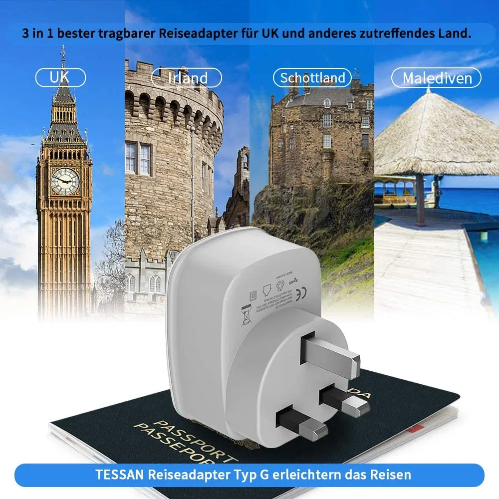 TESSAN Kelionės Adapteris UK Adapteris, Anglijoje, Europa Kištukas su 2 USB (2.4) Kelionės Prijunkite Maitinimo Adapteris, skirtas UK Airija Sienos Kroviklis