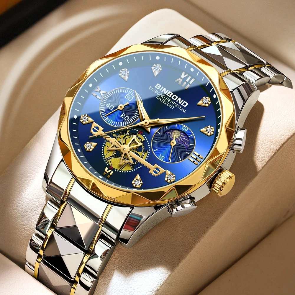 Top Brand vyriški Laikrodžiai, Lange Klasikinis Diamond Masto Dial Riešo Žiūrėti Žmogus Originalaus Kvarcinio Vandeniui Šviesos Vyrų BINBOND B1236