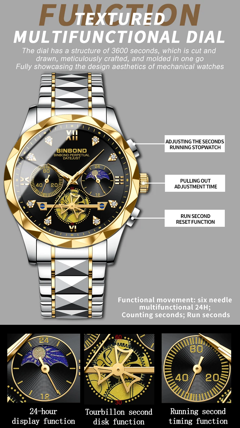 Top Brand vyriški Laikrodžiai, Lange Klasikinis Diamond Masto Dial Riešo Žiūrėti Žmogus Originalaus Kvarcinio Vandeniui Šviesos Vyrų BINBOND B1236