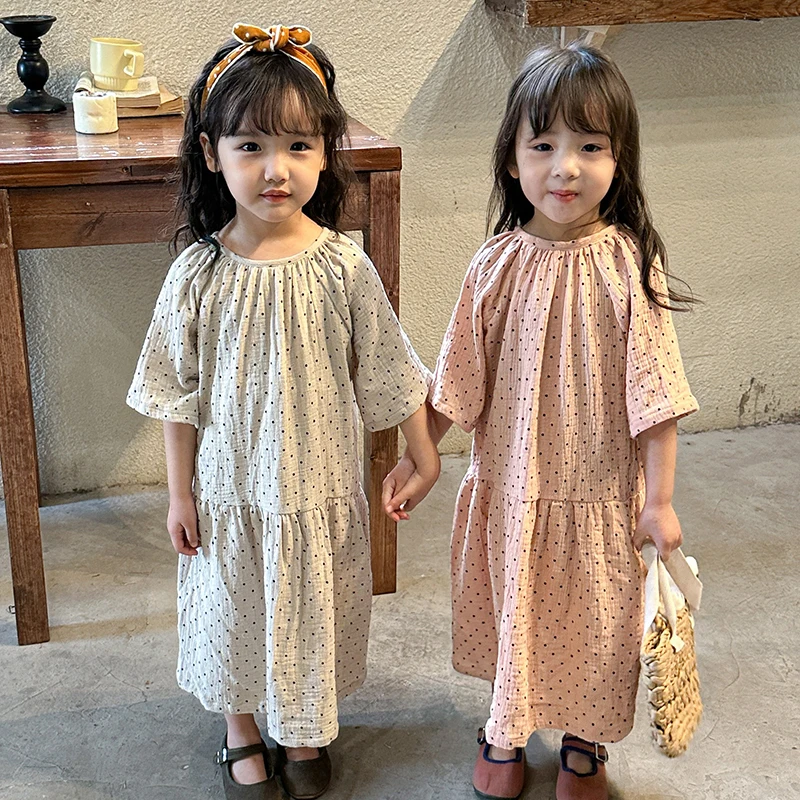 Vasaros Korėjos Stiliaus Vaikai Princesė Suknelės, Trumpi Rankovėmis Medvilnės Dot Spausdinti Baby Girl Vestuvių, Gimtadienio Suknelė