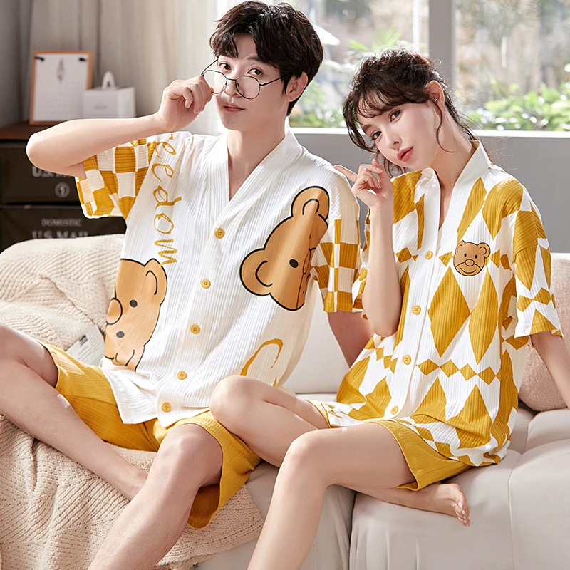 Vasarą Pora Pižama Nustatyti Moterų Ir Vyrų Medvilnės Trumpomis Rankovėmis Pijama Kostiumas Animacinių Filmų Lokys V Kaklo Meilužis Pijamas Sleepwear Homewear Korėjos