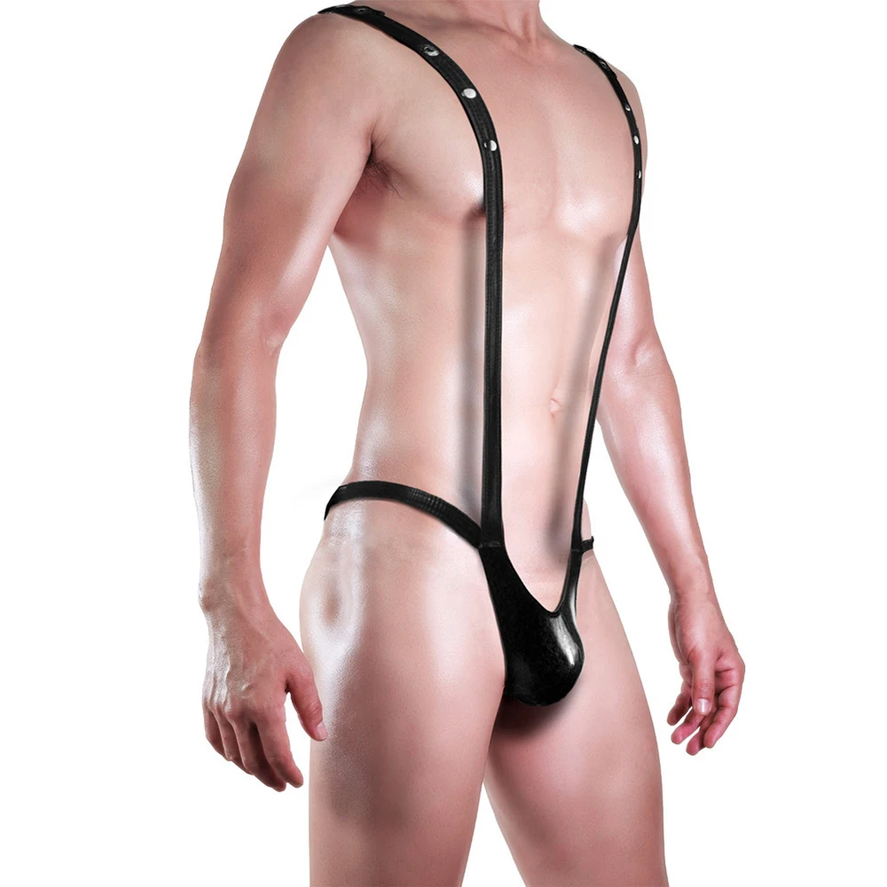 Vyrai PU Odos Bodysuit Reguliuojamas Dirželis T-Atgal Bumbulas Dėklas Diržas Y Formos Suspender G-string Erotinis apatinis Trikotažas Backless vientisas