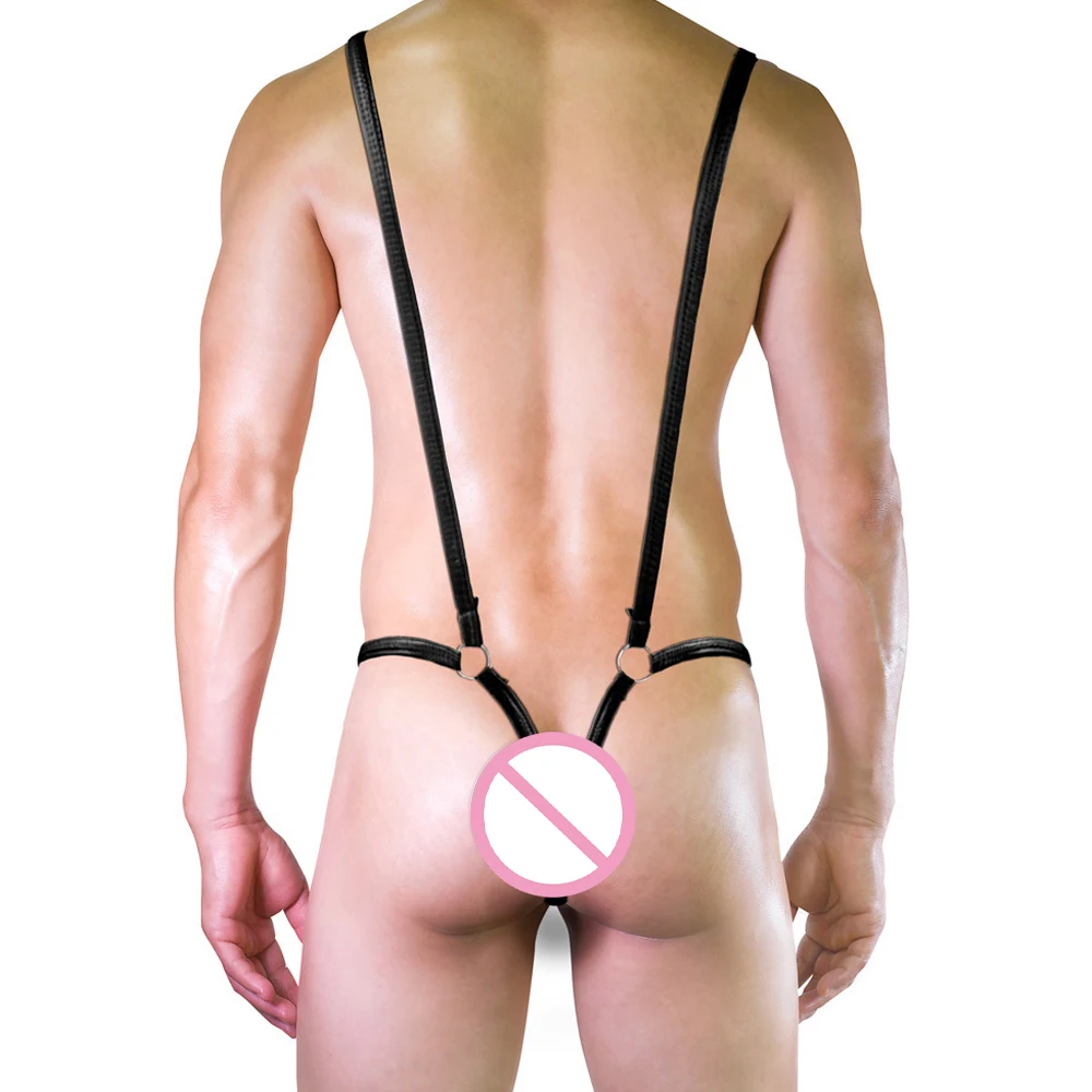 Vyrai PU Odos Bodysuit Reguliuojamas Dirželis T-Atgal Bumbulas Dėklas Diržas Y Formos Suspender G-string Erotinis apatinis Trikotažas Backless vientisas