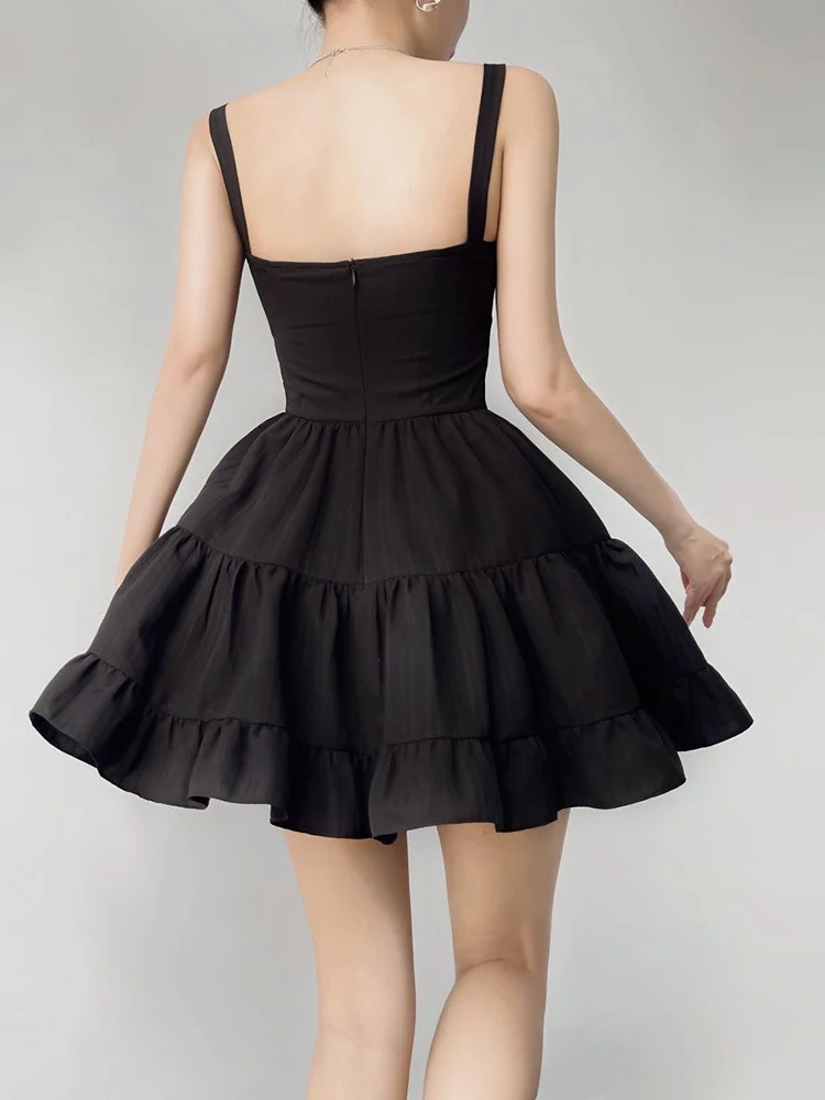 Y2K Derliaus Elegantiškas Plisuotos Suknelė Mygtuką prancūzijos Dirželis Mini Suknelė Backless Seksualus Prom Night Paplūdimio Sundress korėjos Atostogų
