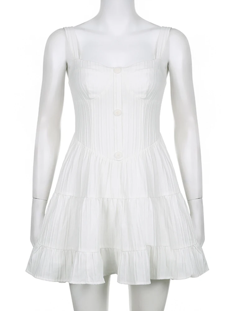 Y2K Derliaus Elegantiškas Plisuotos Suknelė Mygtuką prancūzijos Dirželis Mini Suknelė Backless Seksualus Prom Night Paplūdimio Sundress korėjos Atostogų